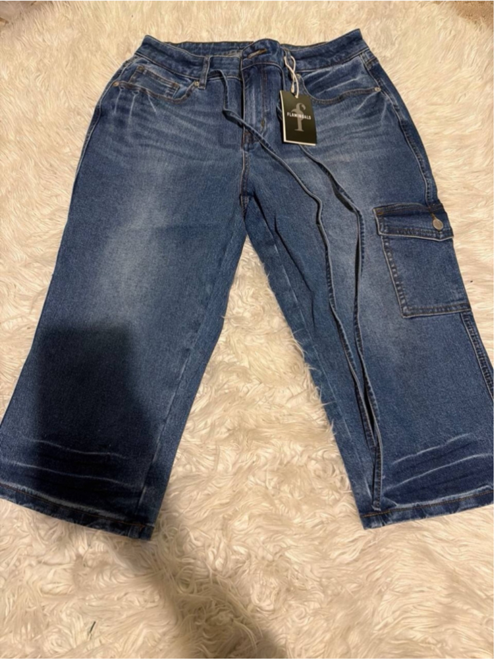 Flamingals Capri Straight Leg Mid Waist Drawstring Cargo Jeans L